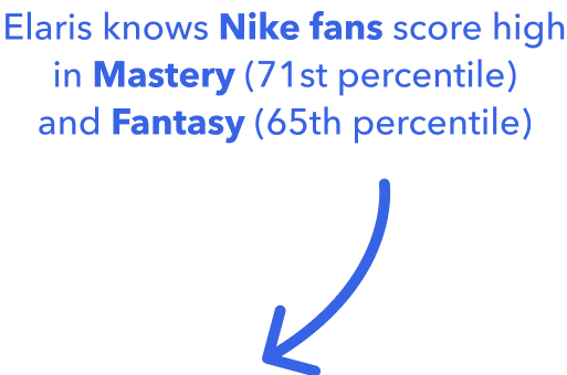 Elaris knows Nike fans score high in Mastery (71st percentile)and Fantasy (65th percentile)